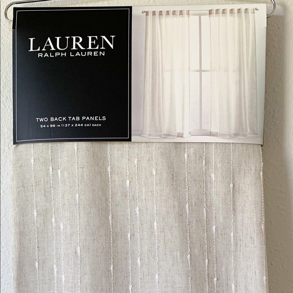 Set of 2 Ralph Lauren MARLEY Window Curtains Tan White 54 x 96 Rod Pocket NEW